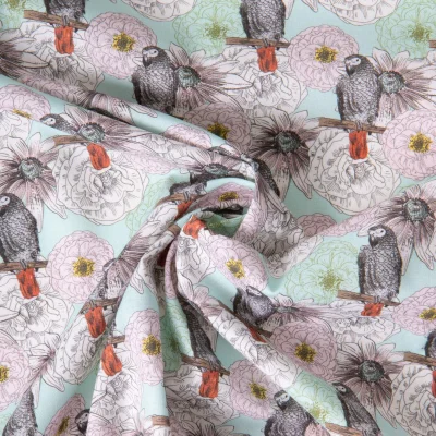 Tissu Coton imprimé Perroquet flower sur fond Vert menthe - Par 10 cm