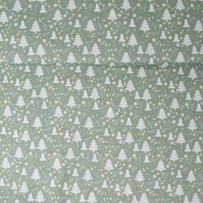 Tissu Coton imprimé Lilwenn forêt enneigée sur fond Vert d&#039;eau - Par 10 cm