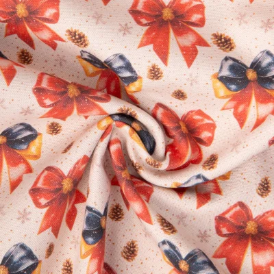 Tissu Toile de Coton aspect Lin Sweet rubans de Noël sur fond Beige - Par 10 cm