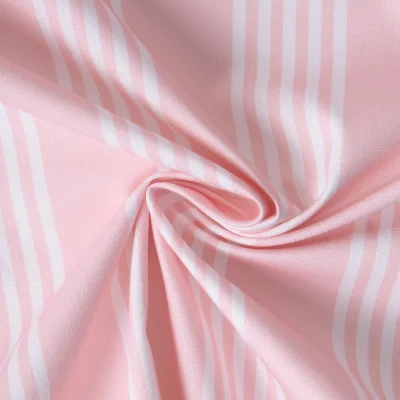 Tissu Toile de Coton d&#039;ameublement Rayé blanc sur fond Rose clair - Par 10 cm