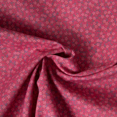 Tissu Voile de Coton digital imprimé marguerites miniatures rose clair &amp; bleu grisé sur fond Rose fuchsia - Par 10 cm