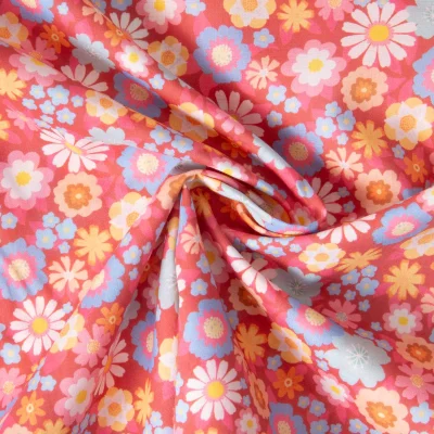Tissu Popeline de Coton légère Paloma floral rétro sur fond Corail - Par 10 cm