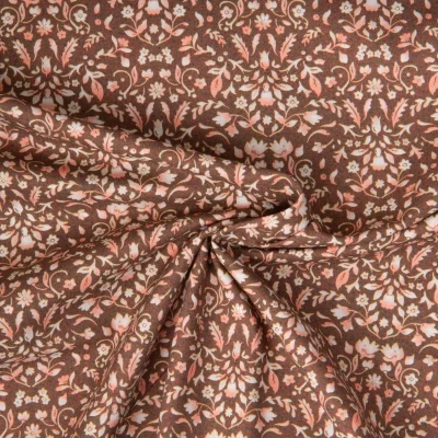 Tissu Coton imprimé Rosalie fleurs vintage sur fond Marron chocolat - Par 10 cm