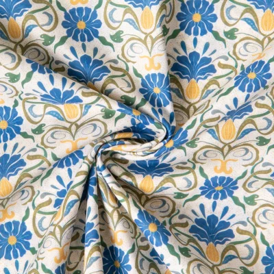 Tissu Batiste de Coton Ava fleurs rétro Bleu sur fond Blanc cassé - Par 10 cm