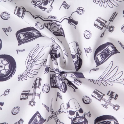 Tissu Coton imprimé Esprit Biker sur fond Blanc - Par 10 cm