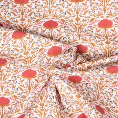 Tissu Coton imprimé Mandala florail Corail sur fond Ecru - Par 10 cm