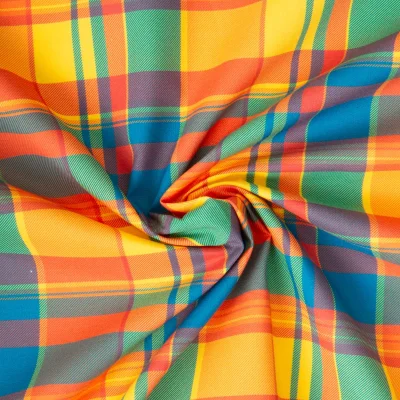 Tissu Madras Coton Carreaux orange, bleu et vert sur fond Jaune - Par 10 cm