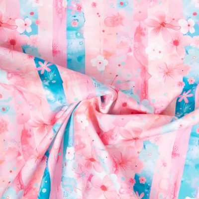 Tissu Coton imprimé Sakura sur bandes Rose et Bleu sur fond Rose pâle - Par 10 cm