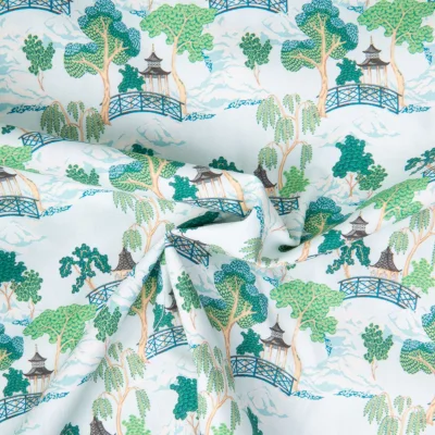 Tissu Coton imprimé Kyushu parc japonais sur fond Bleu clair - Par 10 cm