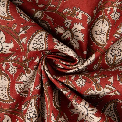 Tissu Voile de Coton indien Block print Leela floral sur fond Terracotta - Par 10 cm