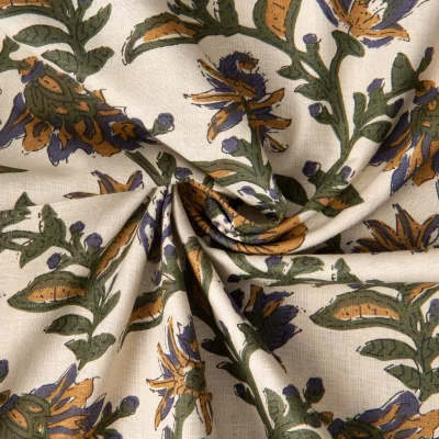 Tissu Voile de Coton indien Block print Fleuris sur fond Ecru - Par 10 cm