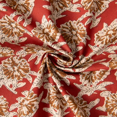 Tissu Voile de Coton indien Block print Fleuris sur fond Rouge - Par 10 cm
