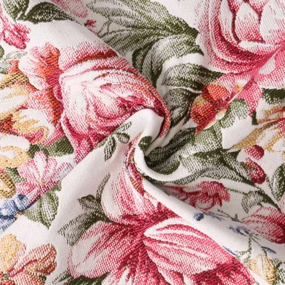 Tissu Jacquard Alaïs pivoines Roses sur fond Blanc cassé - Par 10 cm