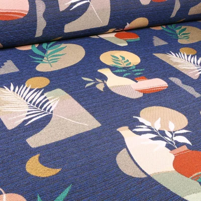 Tissu Jacquard Bobo sur fond Bleu - Par 10 cm