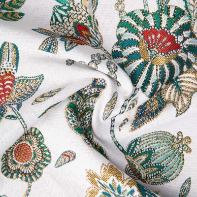 Tissu Jacquard d&#039;ameublement Bosphore végétal sur fond Blanc - Par 10 cm