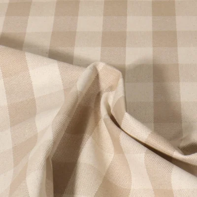 Tissu Toile de Lin Célestin  enduit Vichy sur fond Beige - Par 10 cm