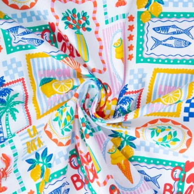 Tissu Coton imprimé Arty Ciao patchwork méditerranéen sur fond Blanc - Par 10 cm