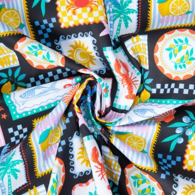 Tissu Coton imprimé Arty Ciao patchwork méditerranéen sur fond Noir - Par 10 cm