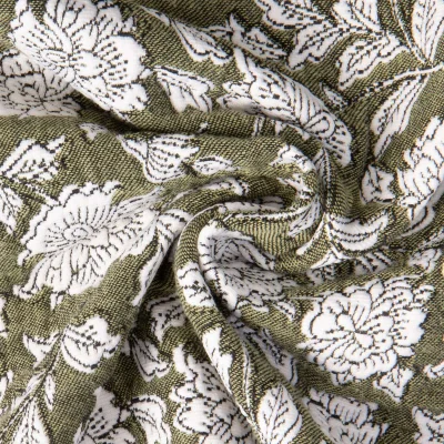 Tissu Jacquard d&#039;ameublement Suri grosses fleurs Blanc sur fond Vert olive - Par 10 cm