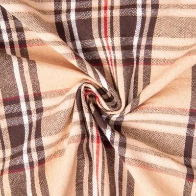 Tissu Toile de Coton Ecossais marron, blanc et rouge sur fond Beige - Par 10 cm