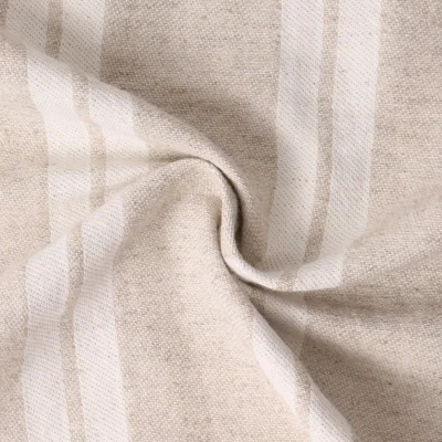 Tissu Polycoton aspect Lin Rama rayures blanches sur fond Beige - Par 10 cm