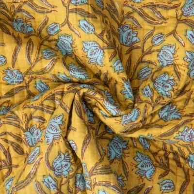 Tissu Coton Matelassé réversible Block print Indien Gange fleuris sur fond Jaune moutarde - Par 10 cm