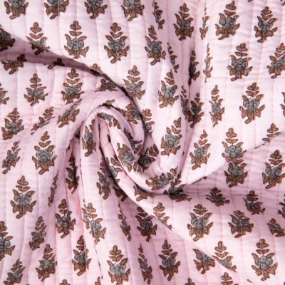 Tissu Coton Matelassé réversible Block print Indien Gange fleuris sur fond Rose pastel - Par 10 cm