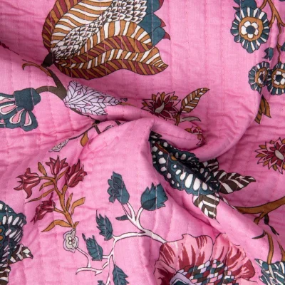 Coupon Tissu Coton Matelassé réversible Block print Indien Gange fleuris sur fond Rose - Coupon de 30 cm