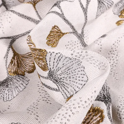 Tissu Jacquard Ginkgo graphique lurex sur fond écru - Par 10 cm