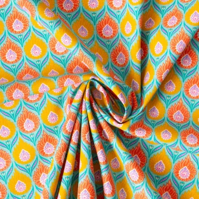 Tissu  Coton imprimé Arty Luka orange sur fond Vert jade - Par 10 cm