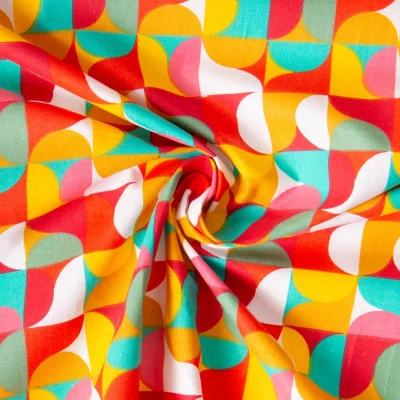 Tissu Coton imprimé  Arty Mabula Pop multicolore sur fond Rouge - Par 10 cm
