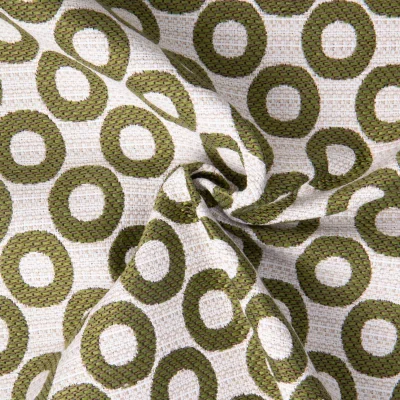 Tissu Jacquard d&#039;ameublement Opale ronds Vert kaki sur fond Naturel - Par 10 cm