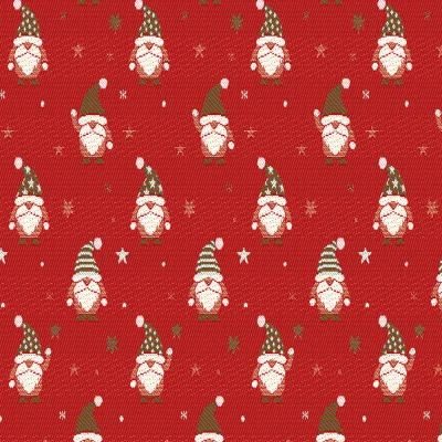 Tissu Jacquard d&#039;ameublement Bonhomme de noël Lurex sur fond Rouge - Par 10 cm