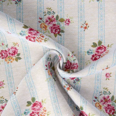 Tissu Jacquard d&#039;ameublement Romie bouquets de rose Magenta sur fond Ecru - Par 10 cm