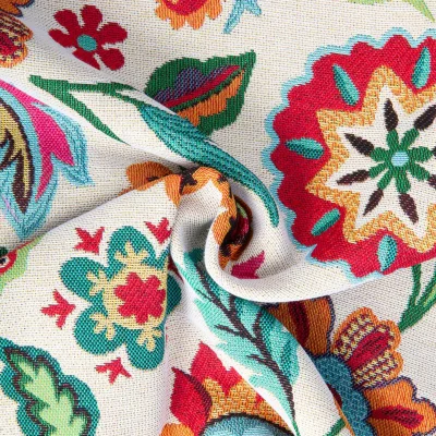 Tissu Jacquard d&#039;ameublement Shaman floral rétro sur fond Blanc cassé - Par 10 cm