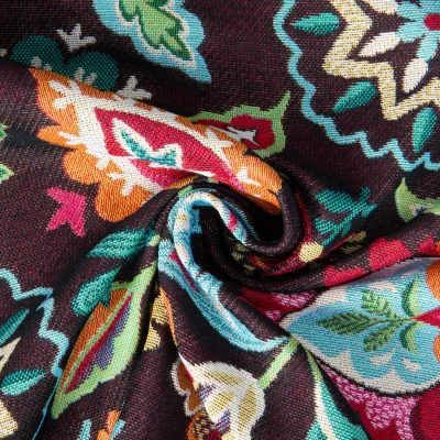 Tissu Jacquard d&#039;ameublement Shaman floral rétro sur fond Noir - Par 10 cm