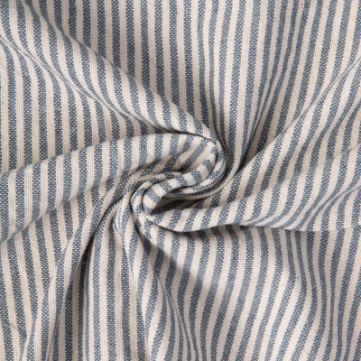 Tissu Coton d&#039;ameublement Simone rayé Bleu denim sur fond Blanc cassé - Par 10 cm