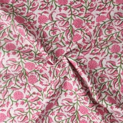 Tissu Voile de Coton Taj Mahal fleurs Roses sur fond Blanc - Par 10 cm