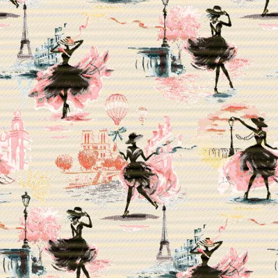 Tissu Jacquard Allover Paris sur fond Blanc cassé - Par 10 cm
