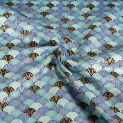 Tissu Coton imprimé Arty Eventails dorés et bleus sur fond Bleu - Par 10 cm