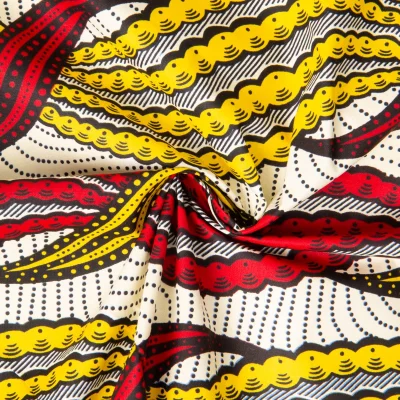 Tissu Wax africain n° 82103 Rouge et Jaune sur fond Jaune pastel - Par 10 cm