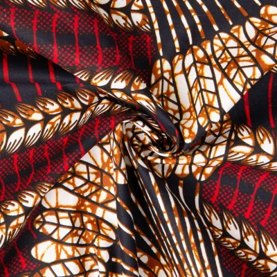 Tissu Wax africain n° 82111 éventails Rouge et Ocre sur fond Bleu nuit - Par 10 cm