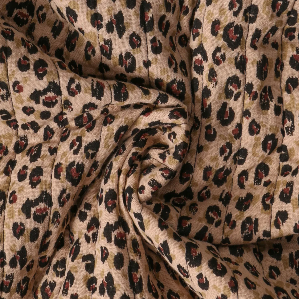 Tissu Double gaze Matelassé réversible  Karlia léopard sur fond Beige nougat