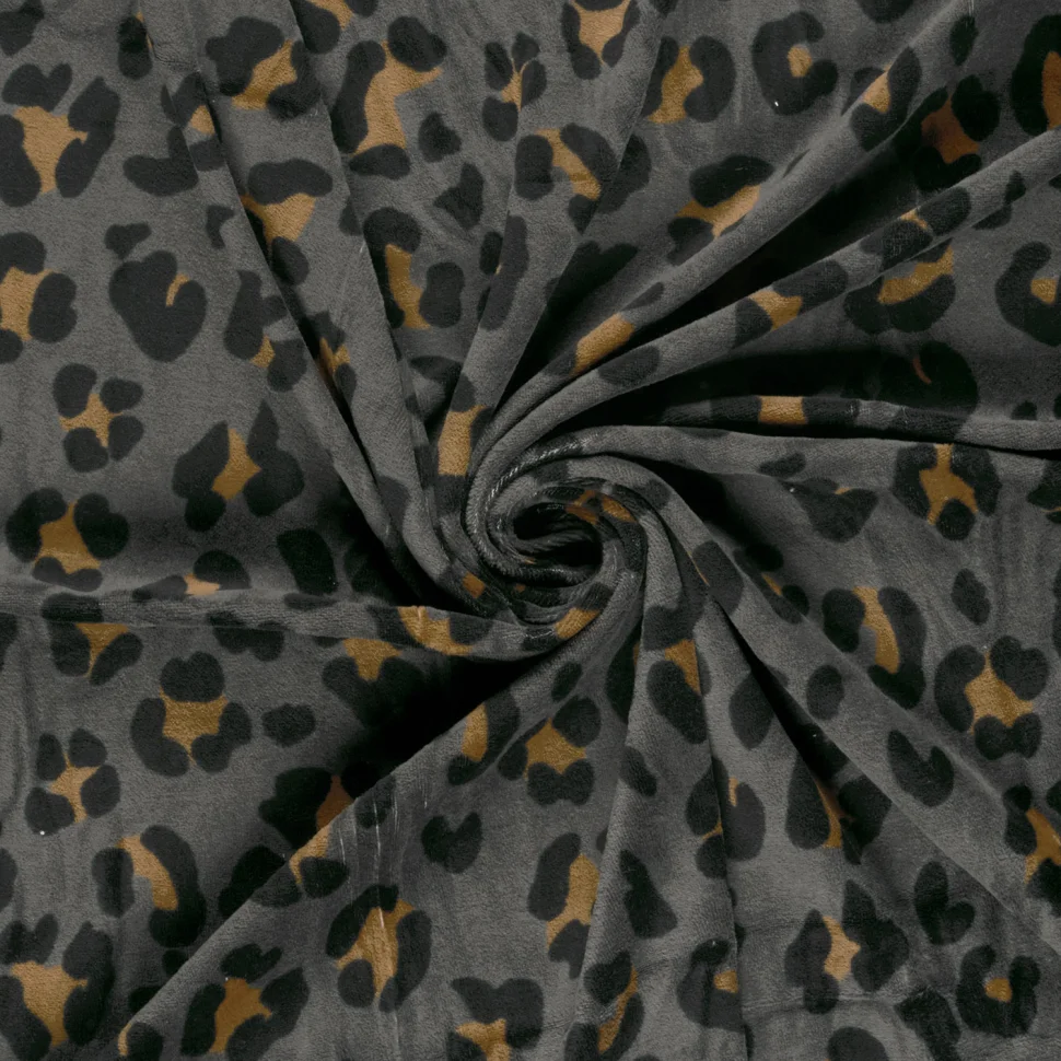 Tissu Velours tout doux Tess motif léopard sur fond Gris