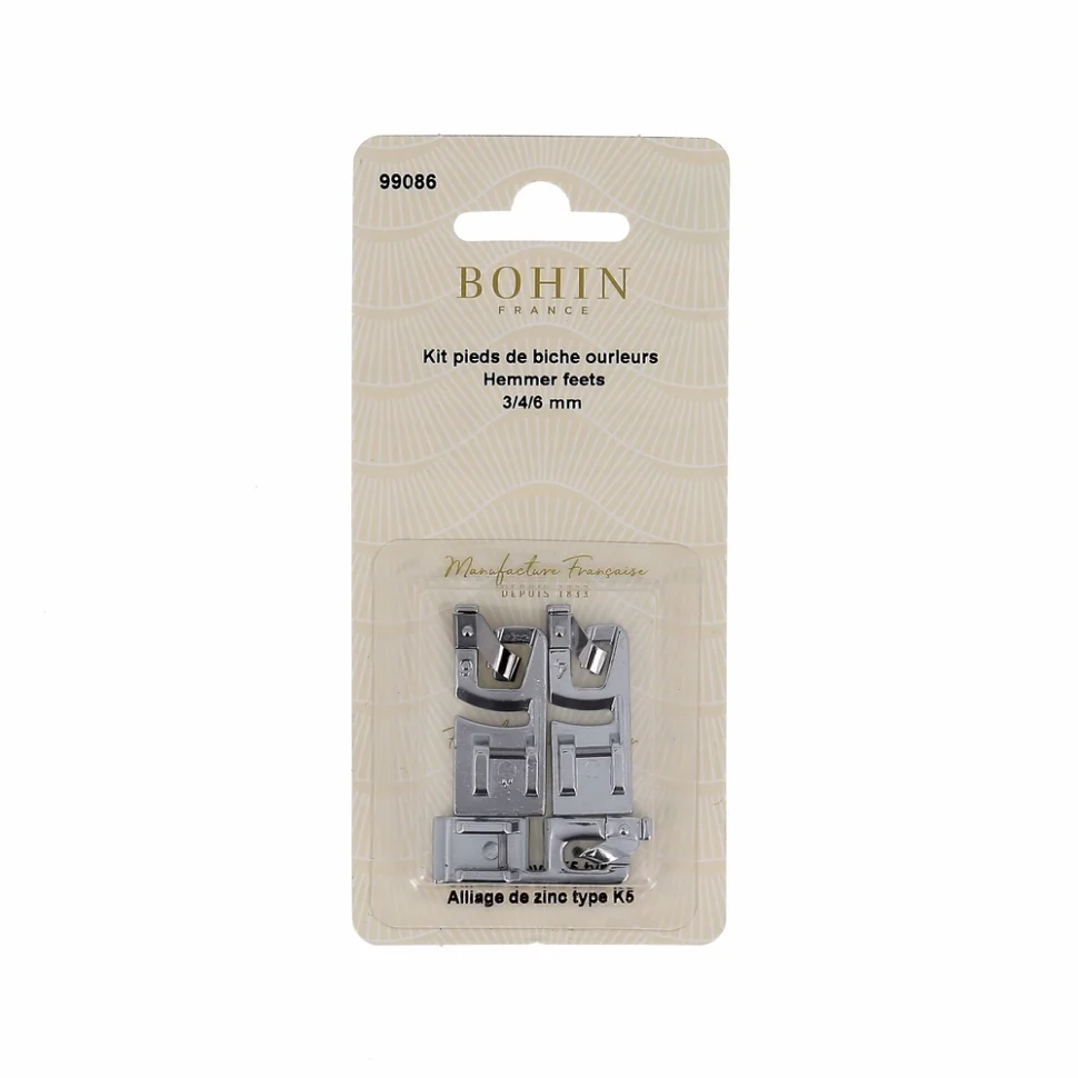 Kit Pieds de biche Ourleur 3, 4, 6 mm Bohin pour machine à coudre x1