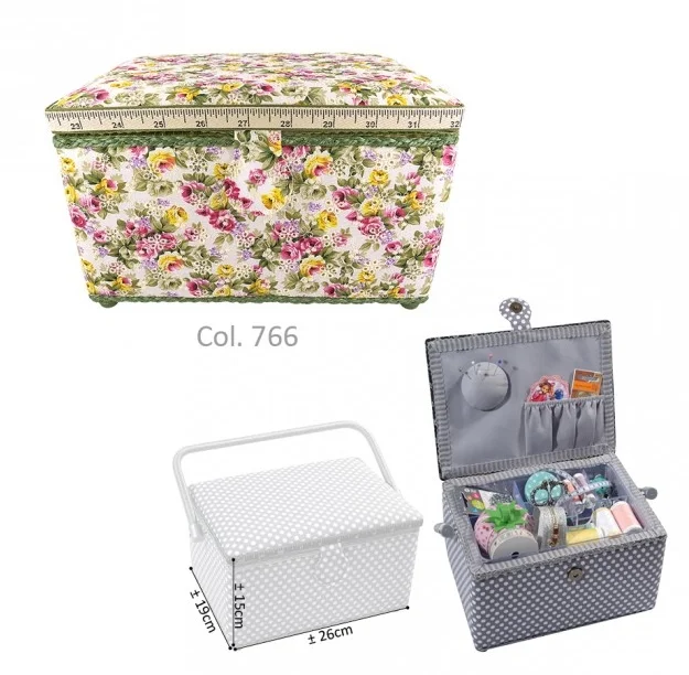 Boite à couture rectangulaire taille moyenne - Fleurs sur fond ecru