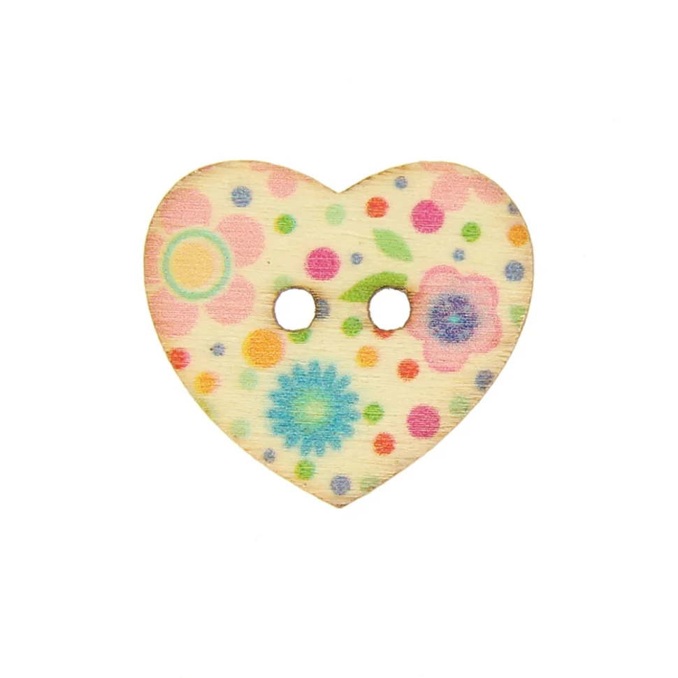 Bouton Cœur en bois 25 mm - Pois colorés