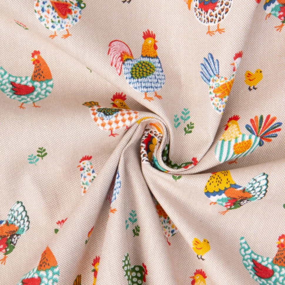 Coupon Tissu Toile Polycoton poupoules multicolores sur fond Naturel - Coupon de 60 cm
