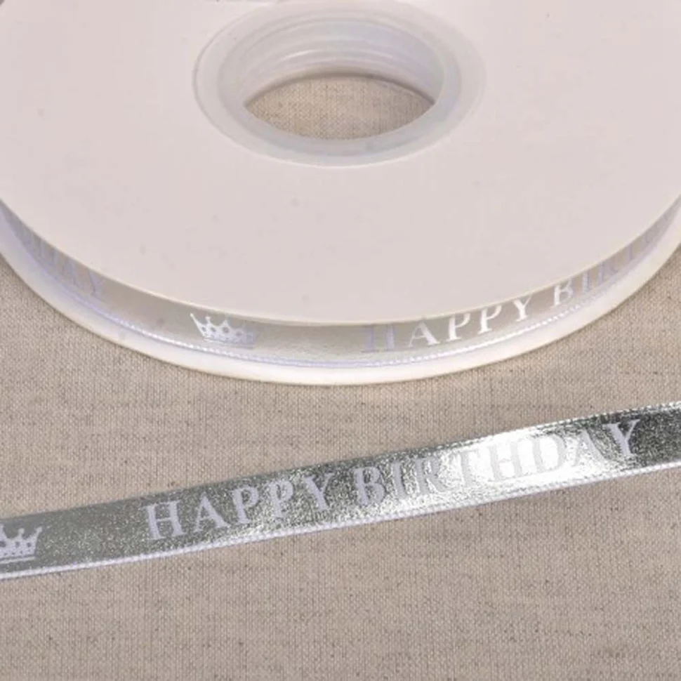 Ruban imprimé Happy Birthday 10 mm Argent x1m