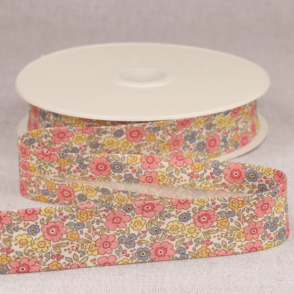Biais replié 25mm Petites fleurs Rose x1m